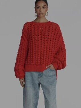 💥KBB by KAHLANA The Chunky Knit Crew Red Chunky Open Knit Sweater NWT M